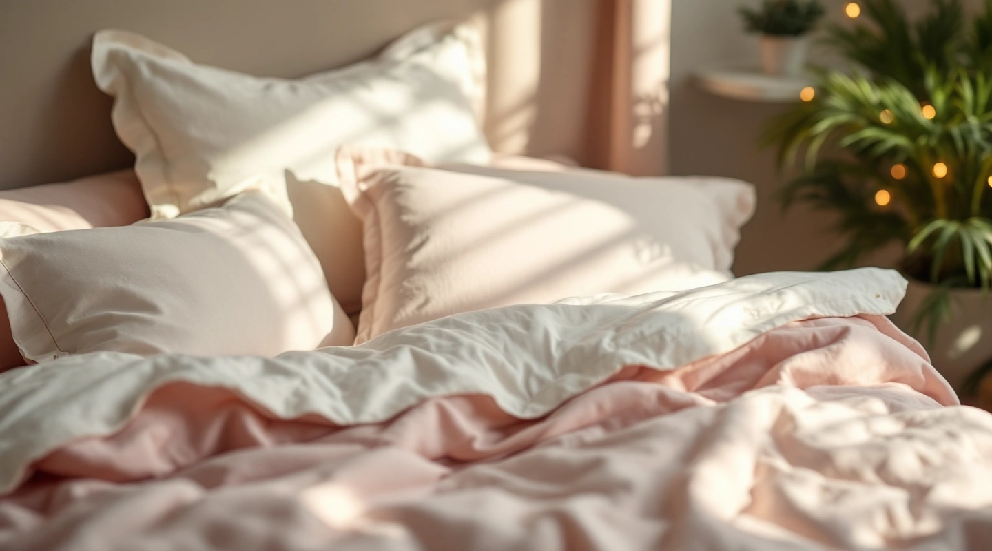 Plain bedding arranged in soft natural light