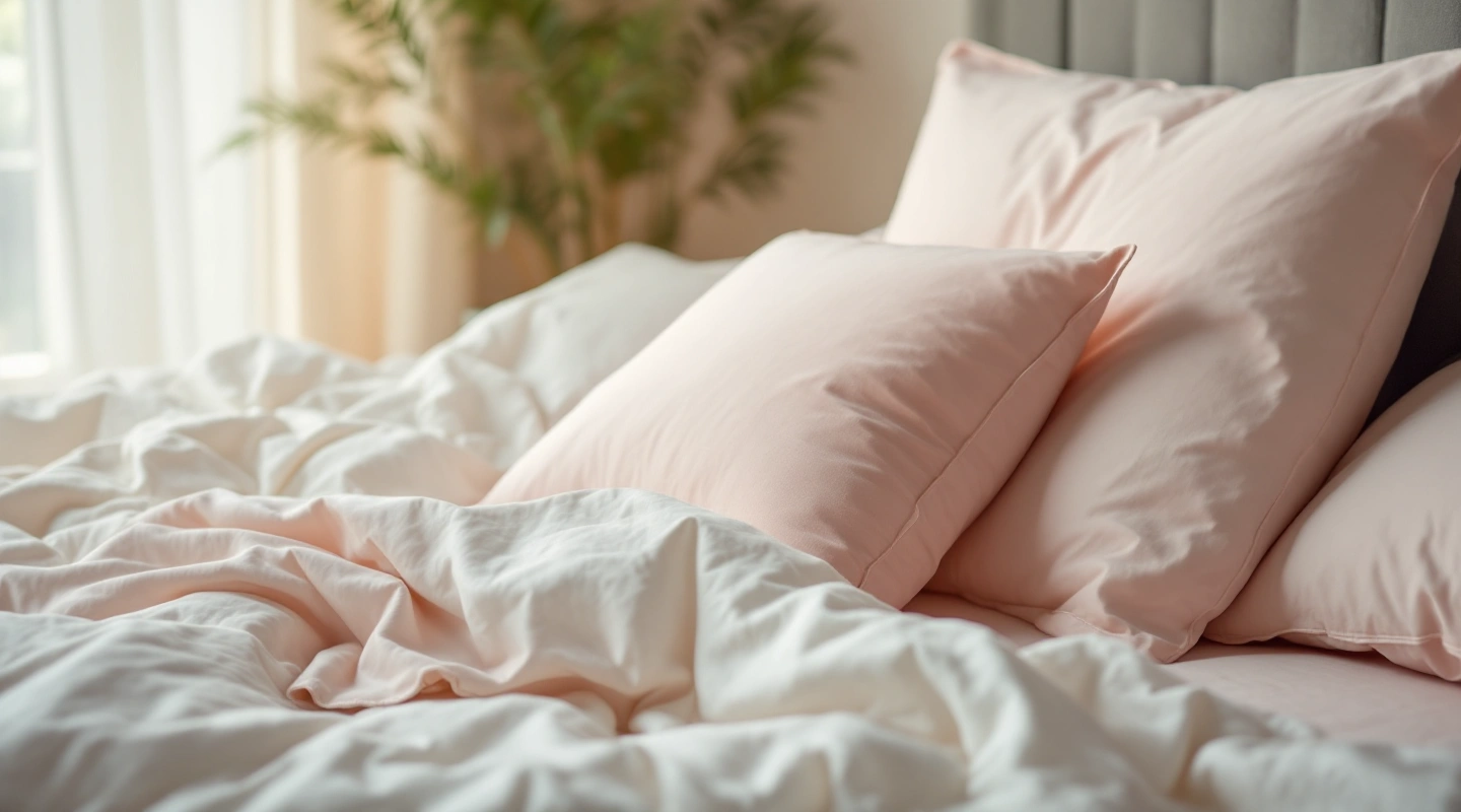 Plain bedding arranged in soft natural light