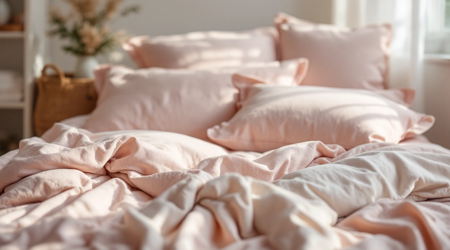 Plain bedding arranged in soft natural light