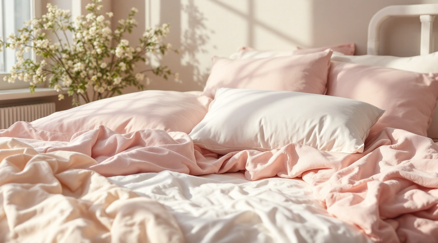 Plain bedding arranged in soft natural light