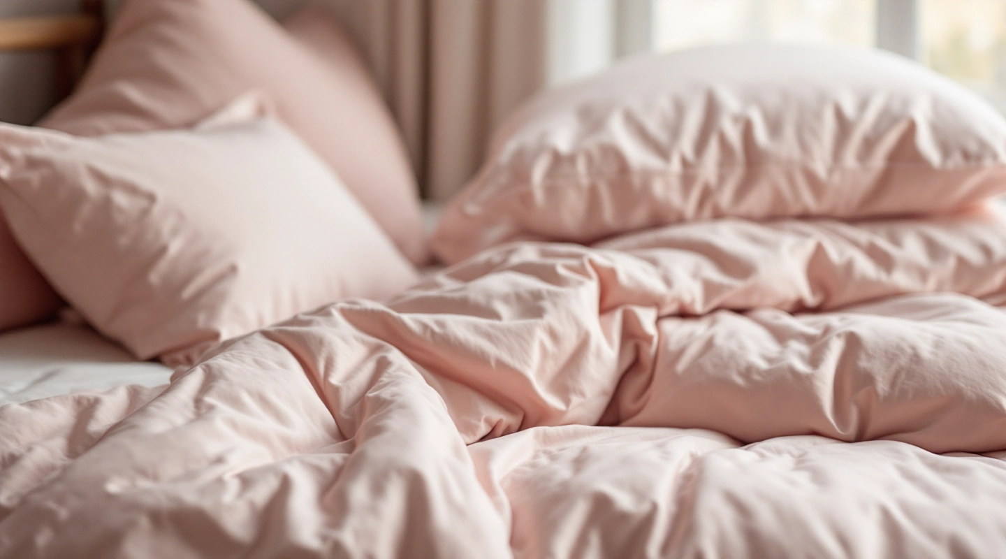 Plain bedding arranged in soft natural light