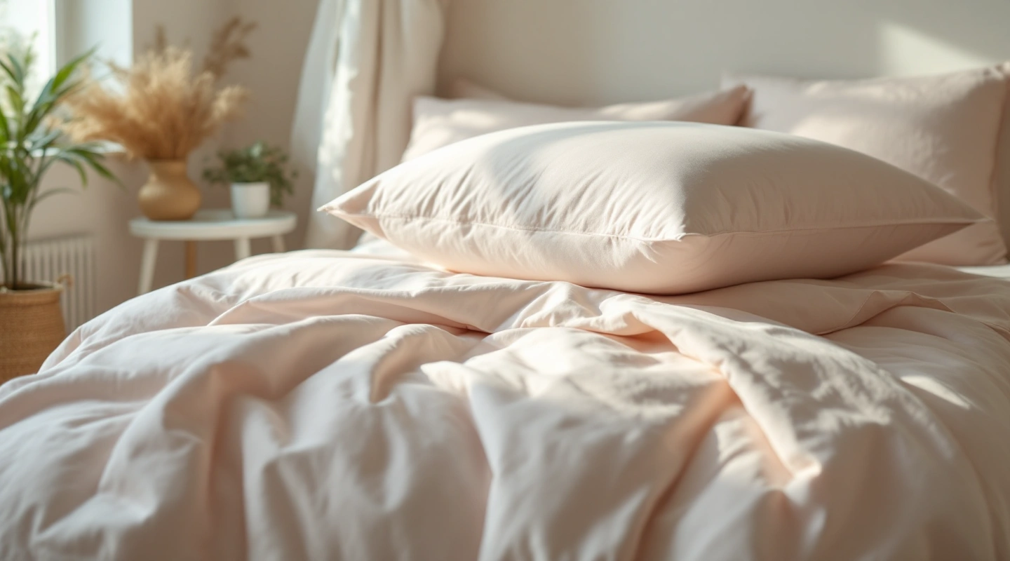 Plain bedding arranged in soft natural light