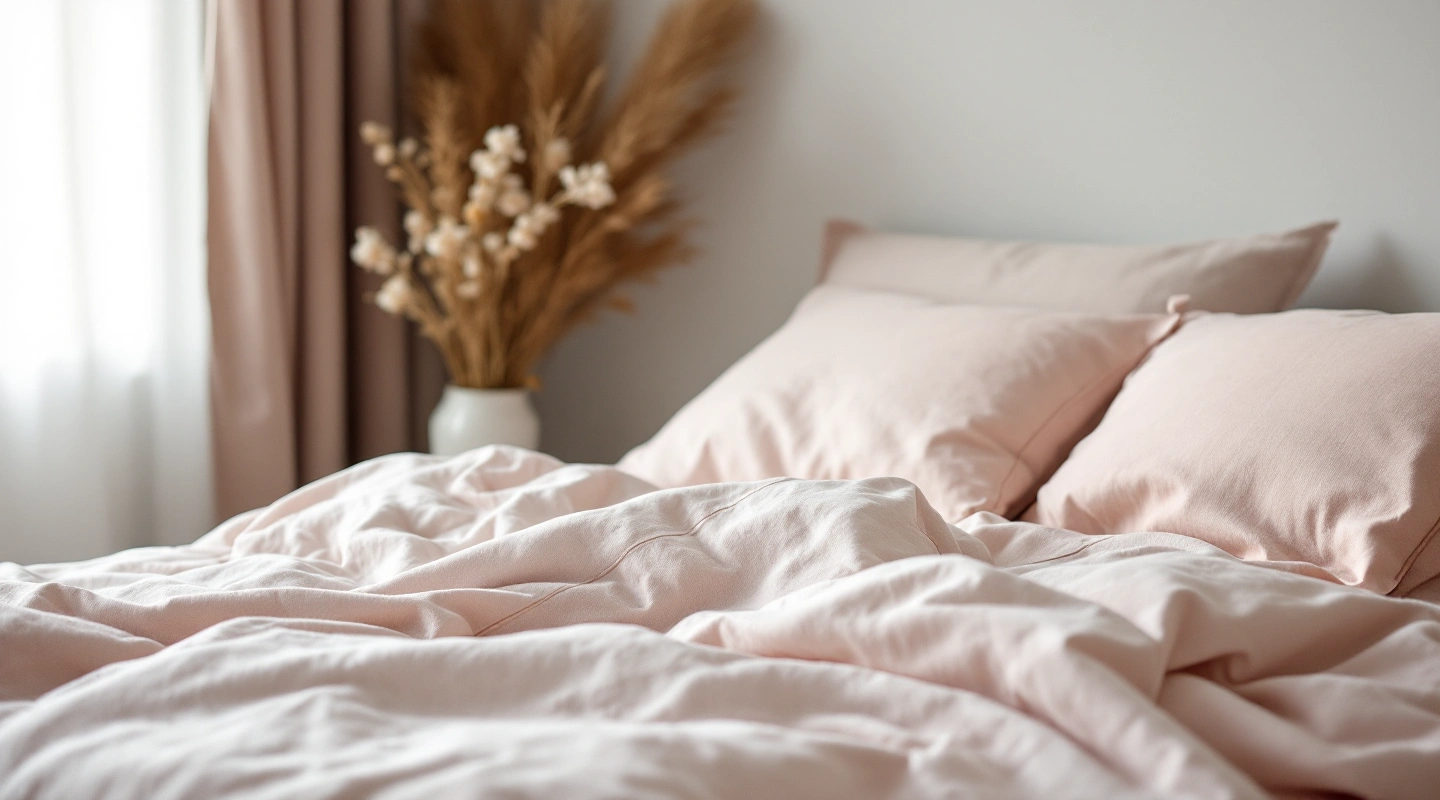Layered plain sheets on a bed in soft morning light