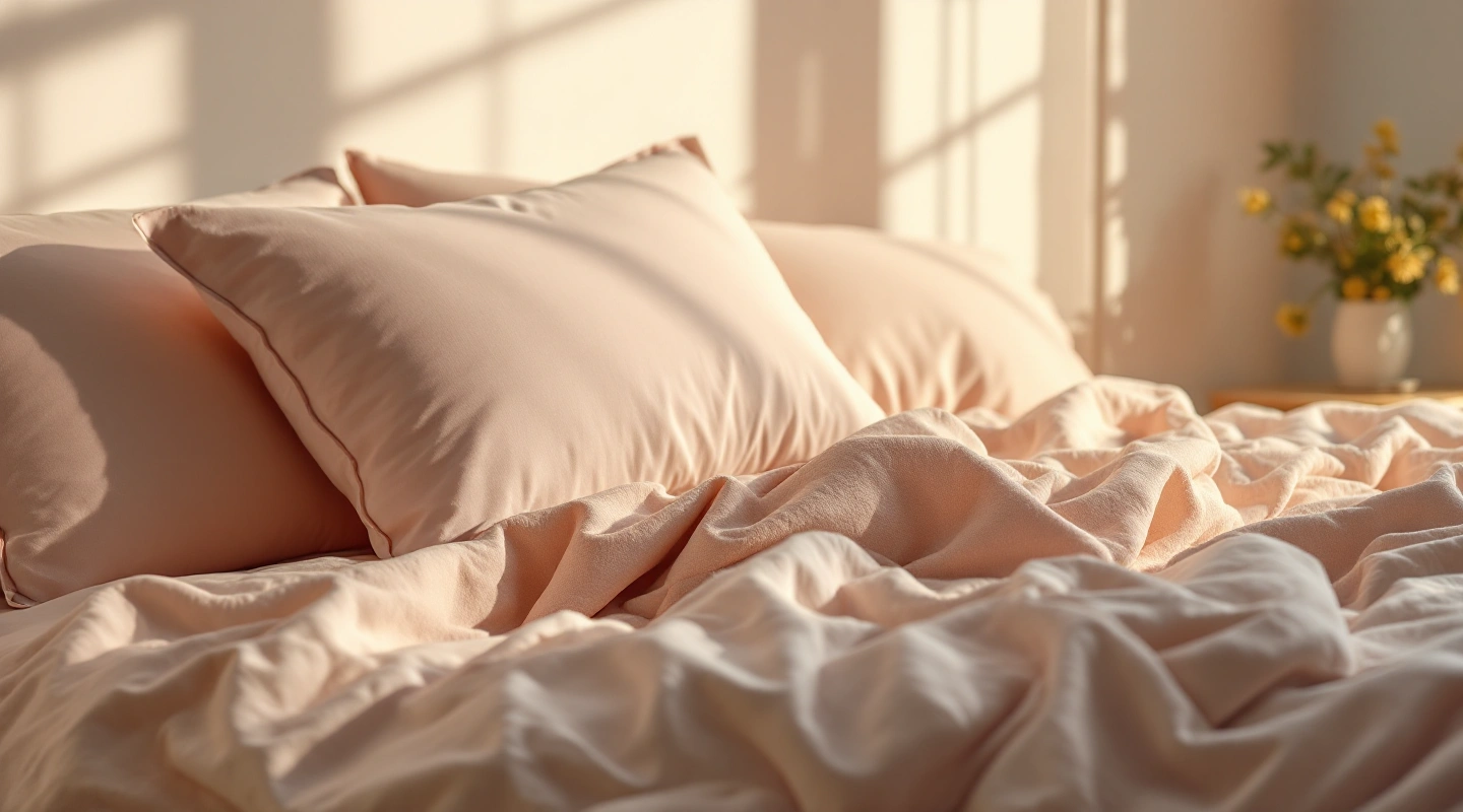 Plain bedding arranged in soft natural light