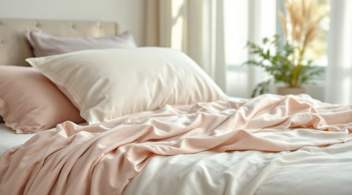Plain bedding arranged in soft natural light