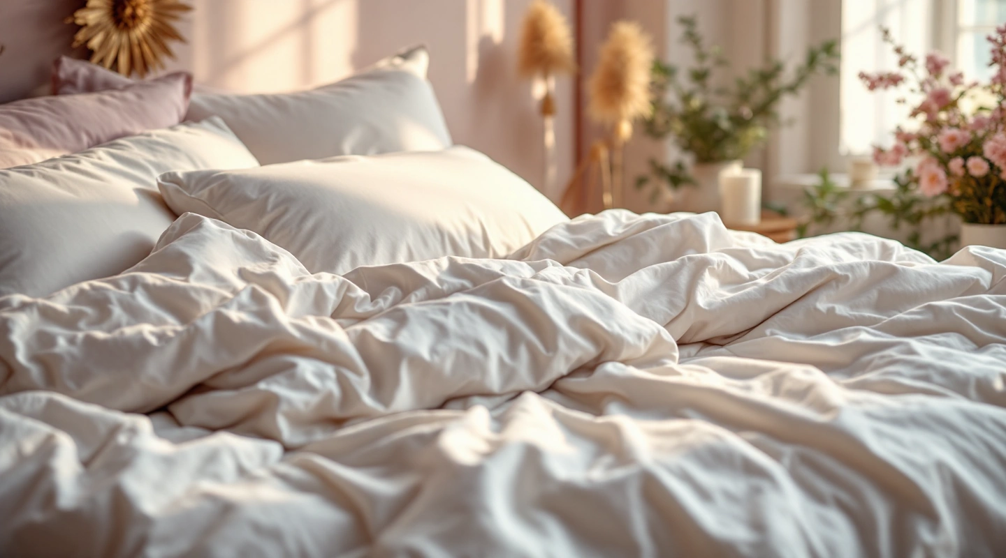 Plain bedding arranged in soft natural light
