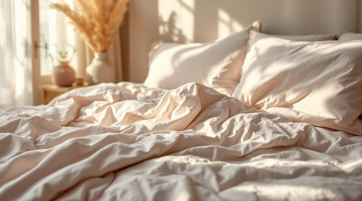 Plain bedding arranged in soft natural light